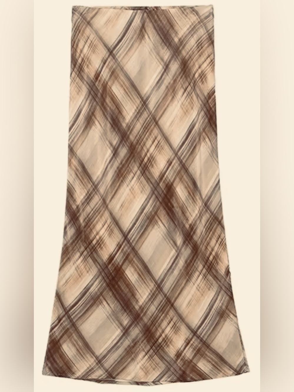 ZARA Brown Tan Cream Plaid Satin Like Midi Skirt XS NWOT